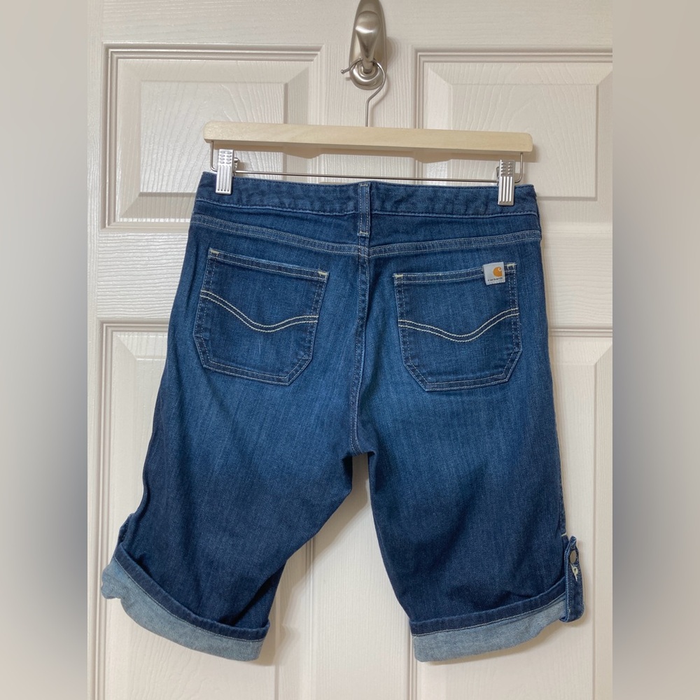 Carhartt Women’s Rolled Cuff Dark Wash Denim Bermuda Jean Shorts Size 2 Coastal - Picture 5 of 8